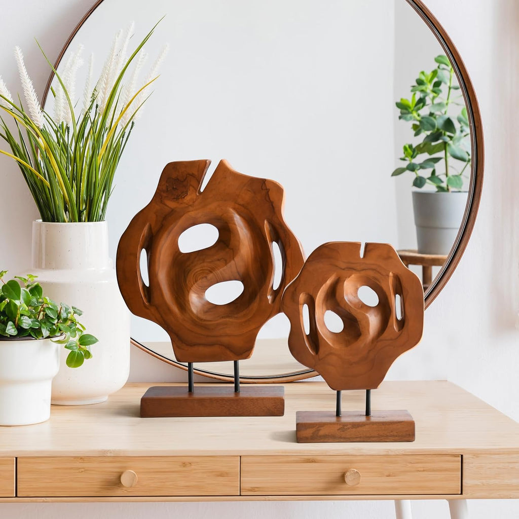 Teak Wood Geometric Tabletop Sculptures