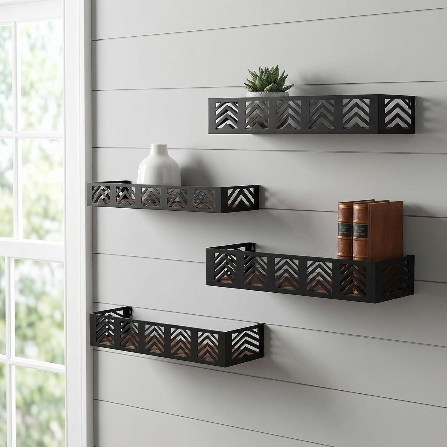 Black Wood Metal Floating Wall Shelves
