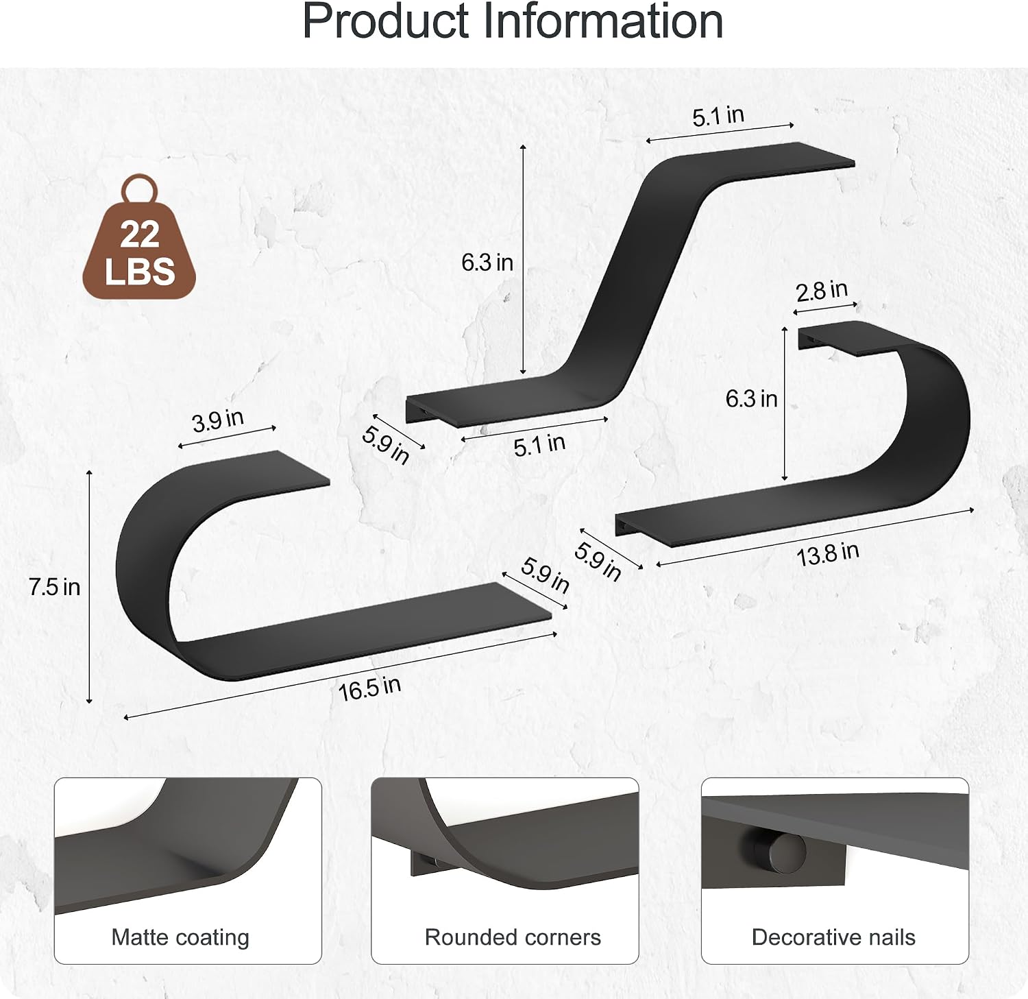 Modern Black Metal Floating Wall Shelves
