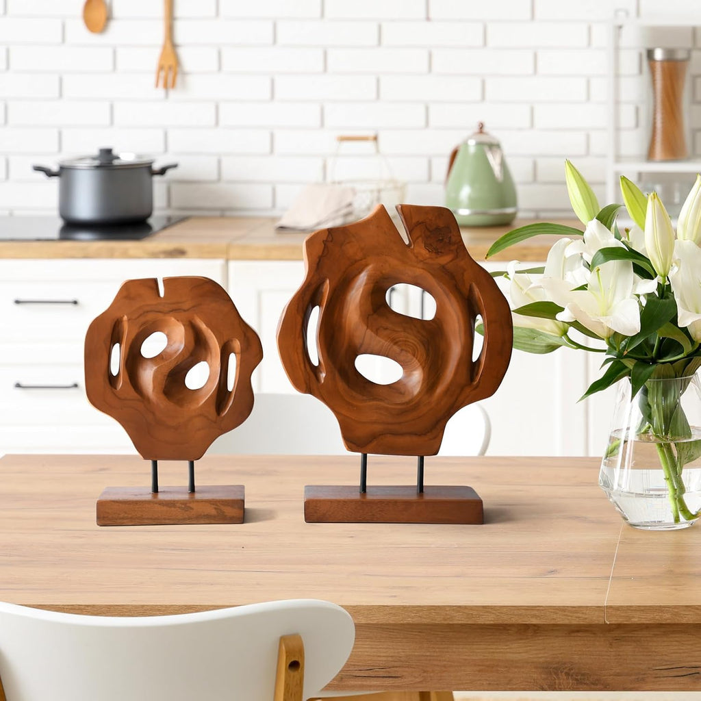 Teak Wood Geometric Tabletop Sculptures