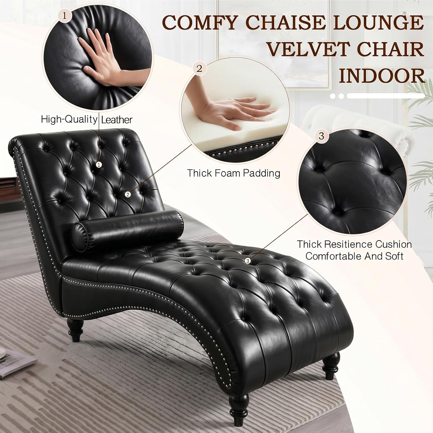Tufted Faux Leather Indoor Chaise Lounge Chair