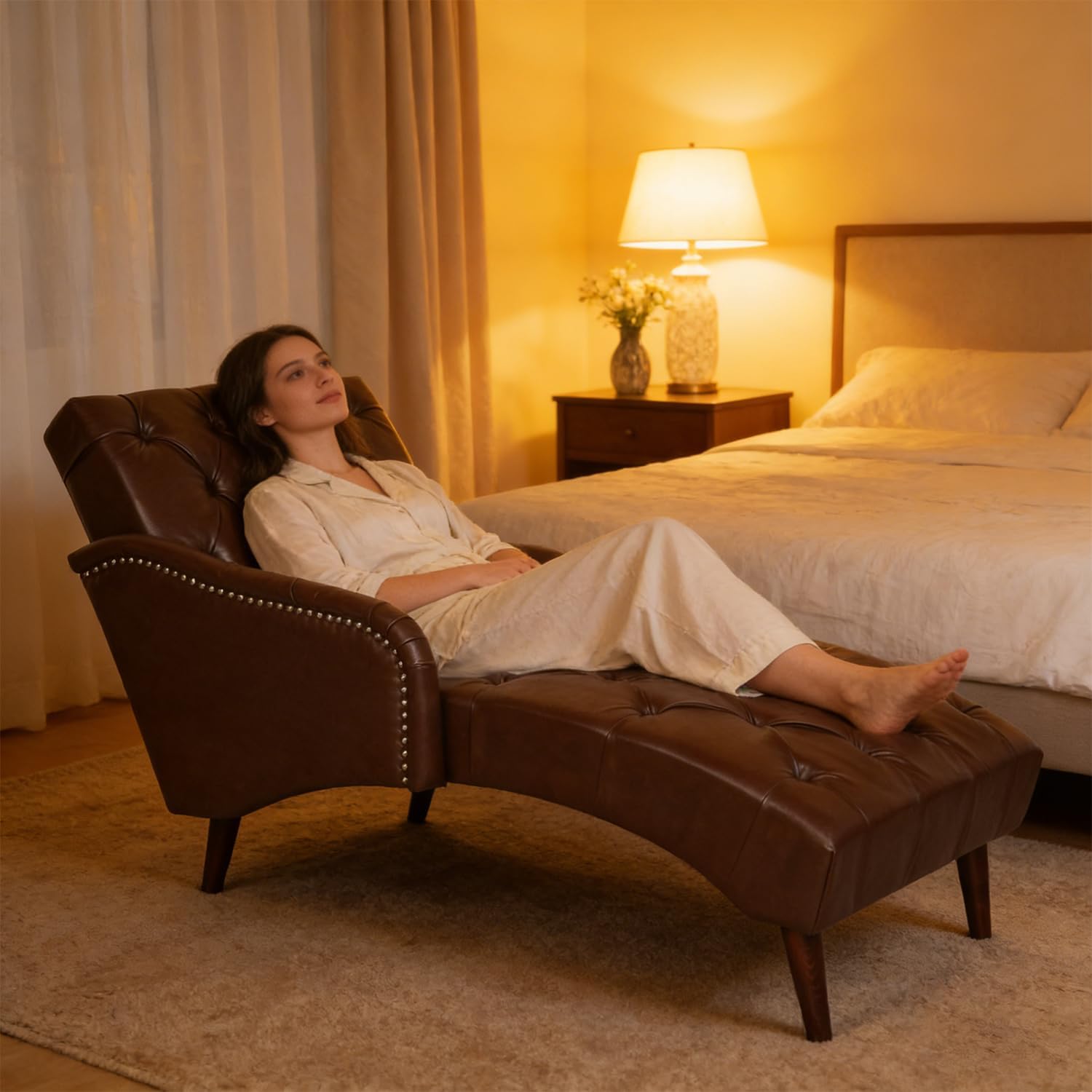Mid‑Century Leather Tufted Chaise Lounge Chair