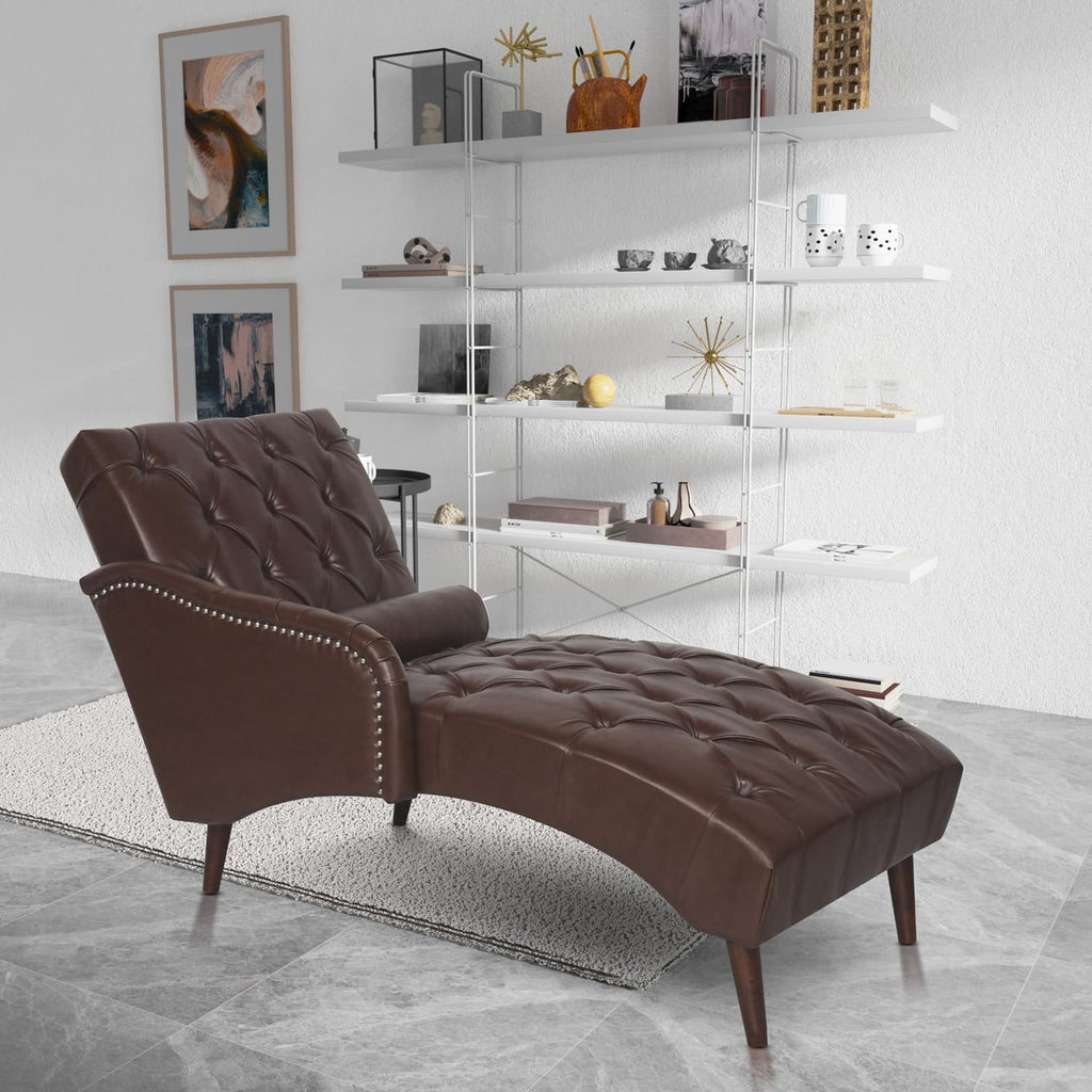 Mid‑Century Leather Tufted Chaise Lounge Chair