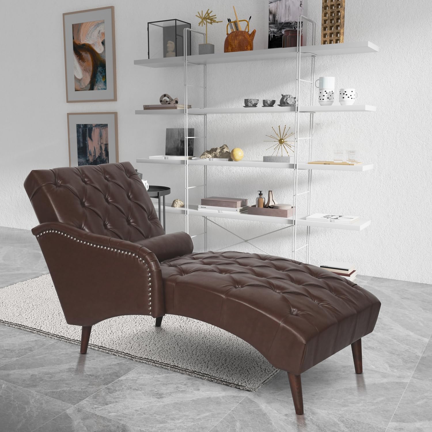 Mid‑Century Leather Tufted Chaise Lounge Chair