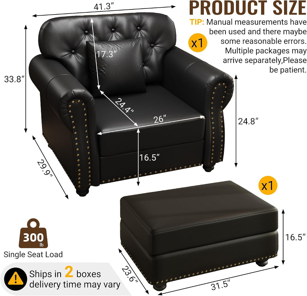 Faux Leather Tufted Accent Chair Ottoman Set
