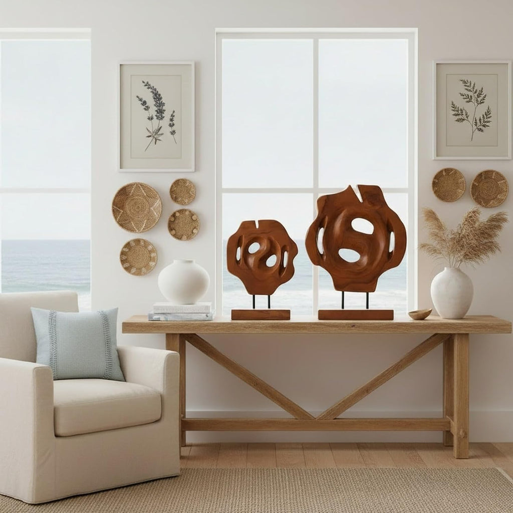 Teak Wood Geometric Tabletop Sculptures