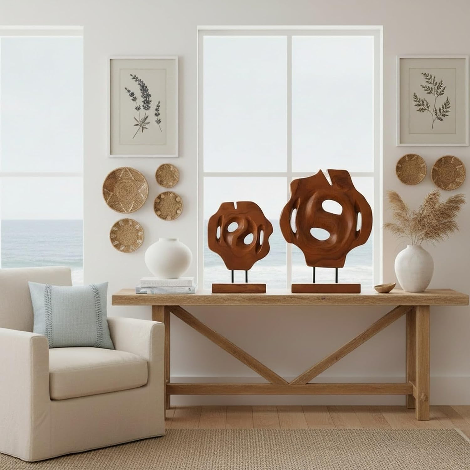 Teak Wood Geometric Tabletop Sculptures