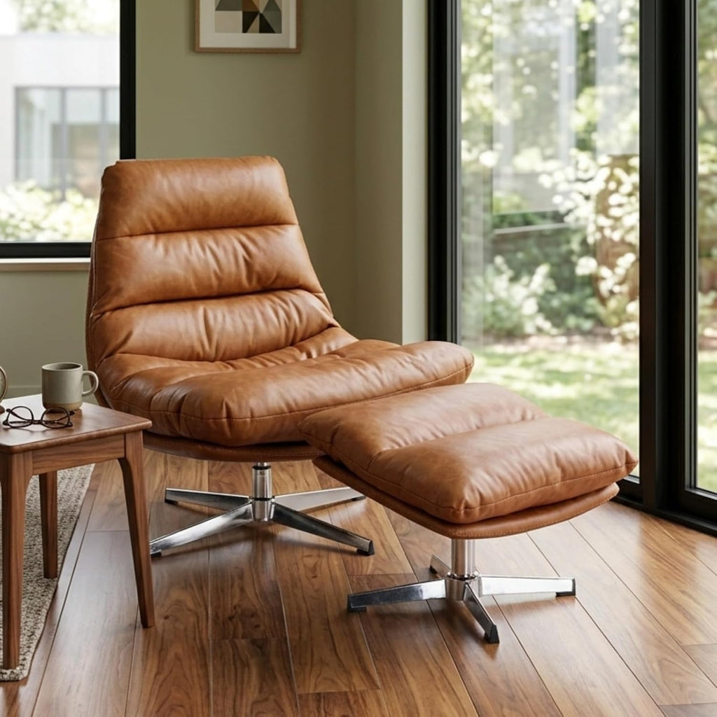 Mid‑Century Faux Leather Swivel Chair Ottoman Set