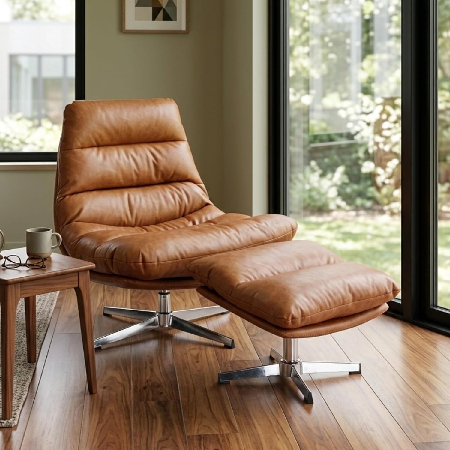 Mid‑Century Faux Leather Swivel Chair Ottoman Set