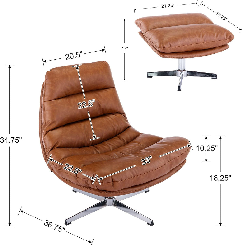 Mid‑Century Faux Leather Swivel Chair Ottoman Set