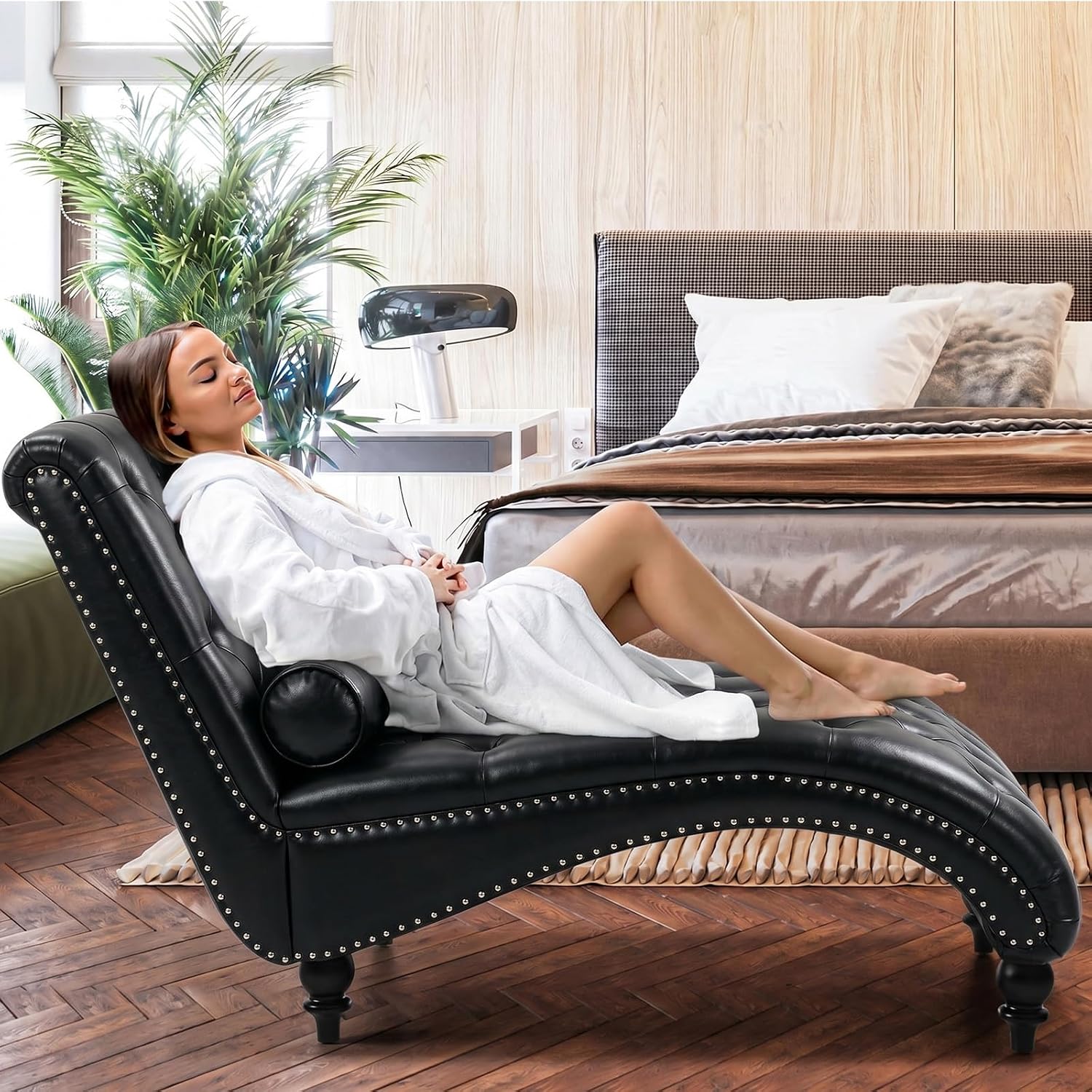 Tufted Faux Leather Indoor Chaise Lounge Chair