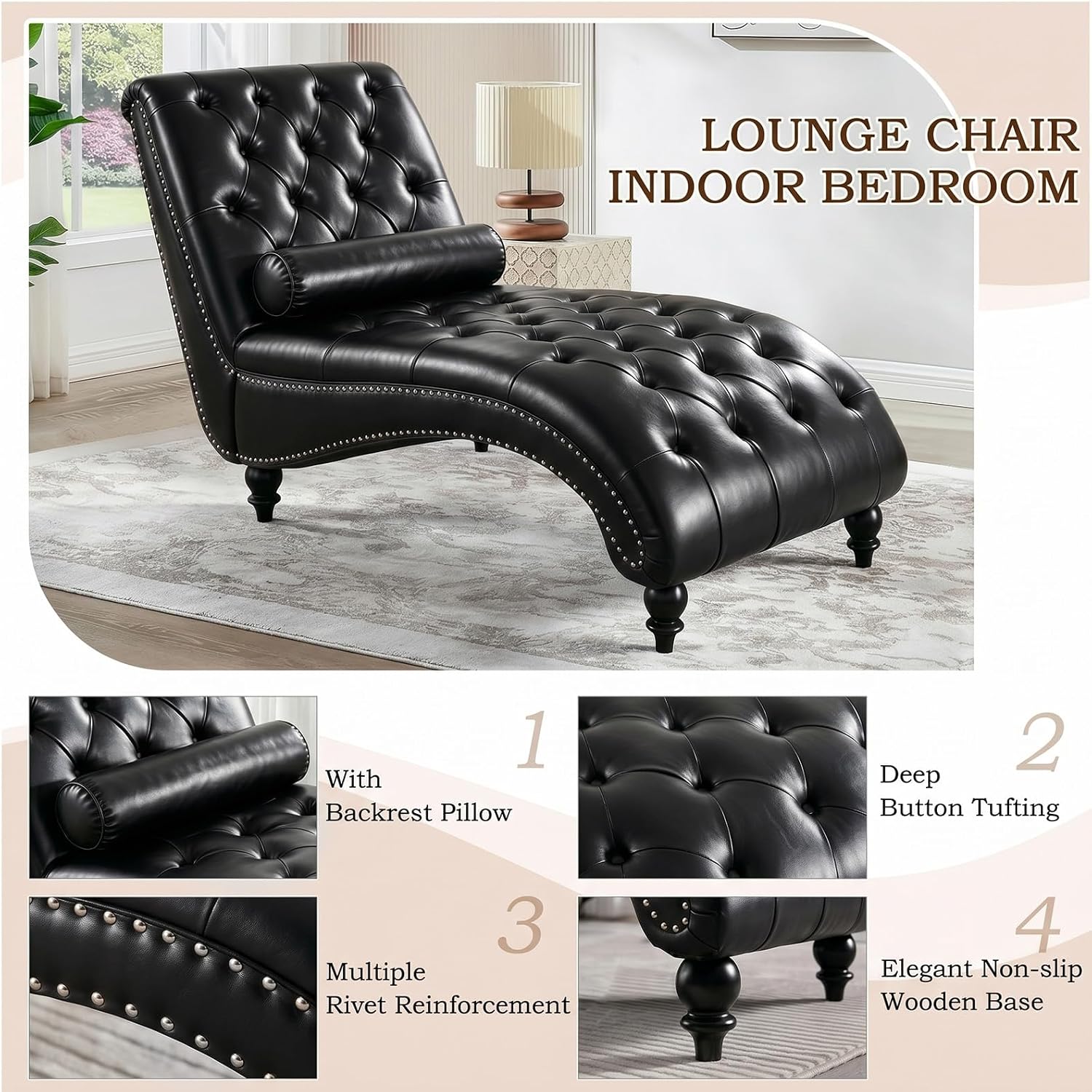 Tufted Faux Leather Indoor Chaise Lounge Chair