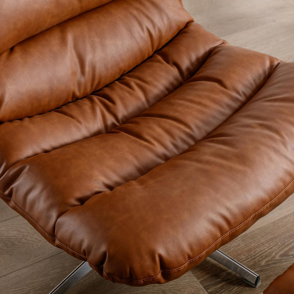 Mid‑Century Faux Leather Swivel Chair Ottoman Set