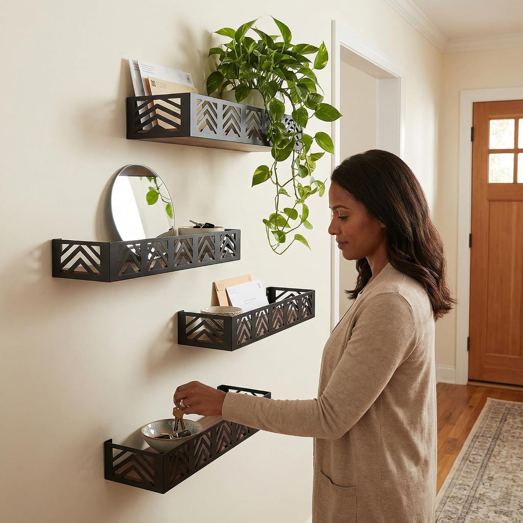 Black Wood Metal Floating Wall Shelves
