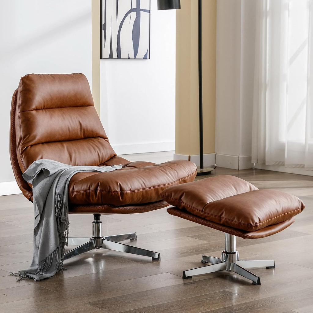 Mid‑Century Faux Leather Swivel Chair Ottoman Set