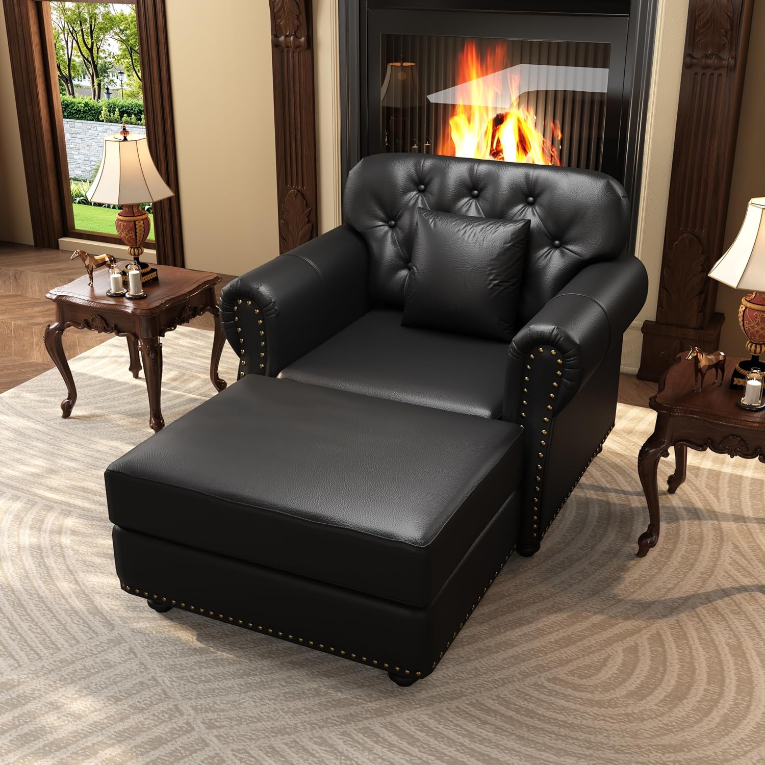 Faux Leather Tufted Accent Chair Ottoman Set