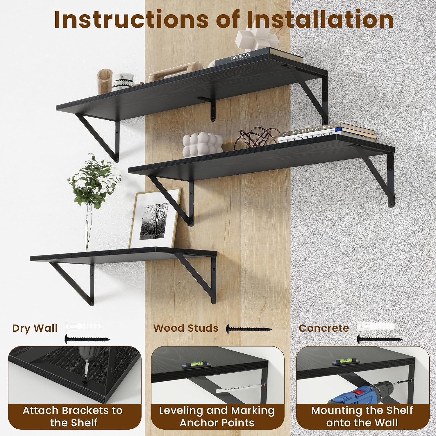 Metal‑Bracket Floating Wall Storage Shelves